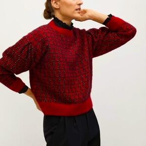 MANGO Wool Blend Red Silver Houndstooth Sweater Size Large New with Tags